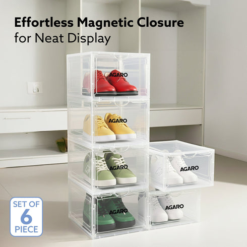 Stackable Shoe Storage Box Organizer | Heavy Duty, Transparent, Plastic Sneaker Crates Container with Magnetic Door |Space Saving|Organizer for Men & Women| Fits up to Size UK 12