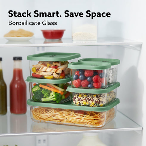 Elite Borosilicate Glass Container 6 Pcs Set, Fridge Stackable Storage Organizer, 310ml x2, 520ml x2, 750ml, 1200ml, Microwave Safe, BPA Free Kitchen Boxes, Store Cooked Food, Fruits, Snacks