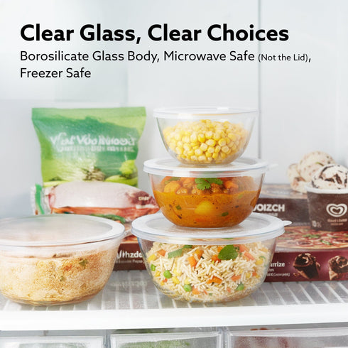 Elite Glass Bowl With Lid, 3 pcs Set - 500, 800,1600 ml