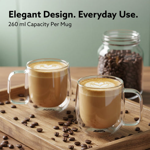 Elite Double Wall Glass Cups, 260 Ml, Insulated Tea & Coffee Cups, Hot & Cold Drinks, Coffee, Tea, Milk, Cappuccino, Juice, Microwave Safe, Stylish Espresso Chocolate Beverage, Pack of 2