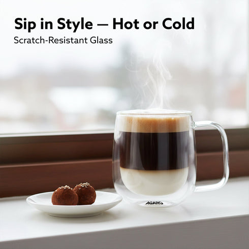 Elite Double Wall Glass Cups, 260 Ml, Insulated Tea & Coffee Cups, Hot & Cold Drinks, Coffee, Tea, Milk, Cappuccino, Juice, Microwave Safe, Stylish Espresso Chocolate Beverage, Pack of 2