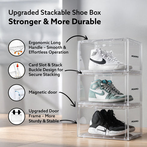 Stackable Shoe Storage Box Organizer | Heavy Duty, Transparent, Plastic Sneaker Crates Container with Magnetic Door |Space Saving|Organizer for Men & Women| Fits up to Size UK 12