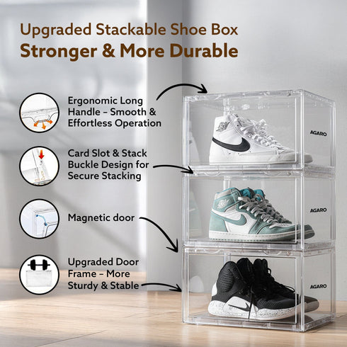 Stackable Shoe Storage Box Organizer | Heavy Duty, Transparent, Plastic Sneaker Crates Container with Magnetic Door |Space Saving|Organizer for Men & Women| Fits up to Size UK 12