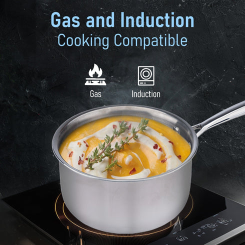 Regency Triply Steel Saucepan With Lid 14 cm, Triple Layered Stainless Steel Body, 1.25L Capacity, 2.5mm Thick Body, Sturdy Handle, Induction & Gas Compatible, Tea, Chai Pan