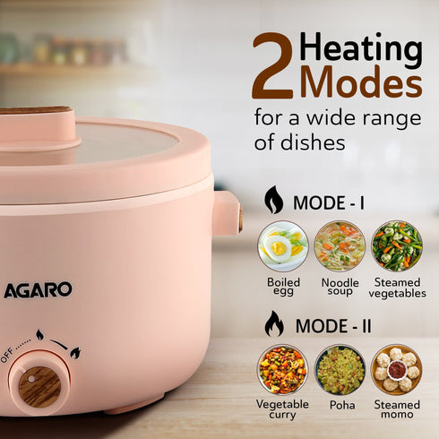 Primo Multi Function Pot 2L, Double Layered Body, Ceramic Coated Inner Pot, Variable Temperature Settings, Wide Mouth, Transparent Lid, Cooking, Boiling, Steaming, Egg, Vegetable