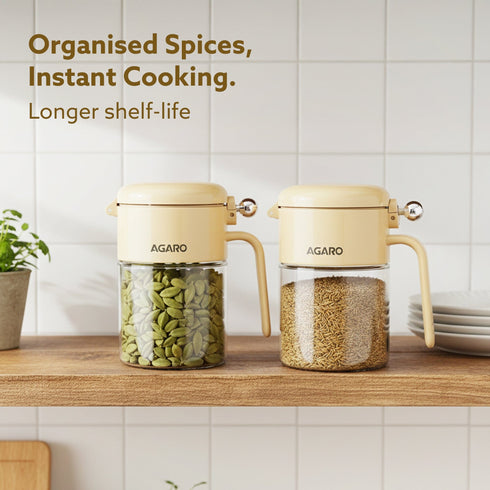 Elegant Spice Jar 400ml, Airtight Glass Masala Brown Container with Secure Lid & Spoon, Versatile Seasoning & Storage Bottle for Kitchen, Leak Proof, For Spices, Herbs, Sugar & More