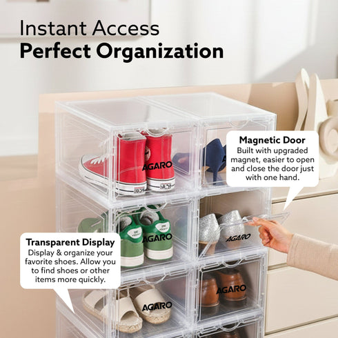 Stackable Shoe Storage Box Organizer | Heavy Duty, Transparent, Plastic Sneaker Crates Container with Magnetic Door |Space Saving|Organizer for Men & Women| Fits up to Size UK 12