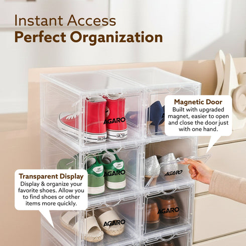 Stackable Shoe Storage Box Organizer | Heavy Duty, Transparent, Plastic Sneaker Crates Container with Magnetic Door |Space Saving|Organizer for Men & Women| Fits up to Size UK 12