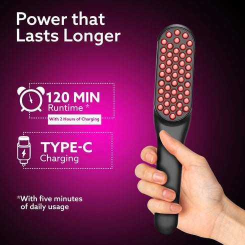 Rechargeable LED Hair Therapy Comb – Red & Blue Light with Vibration Massage | Boosts Growth, Reduces Hair Fall & Revives Scalp Health | Upto 120 Min Runtime, Unisex, Grey