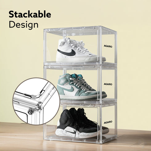 Stackable Shoe Storage Box Organizer | Heavy Duty, Transparent, Plastic Sneaker Crates Container with Magnetic Door |Space Saving|Organizer for Men & Women| Fits up to Size UK 12