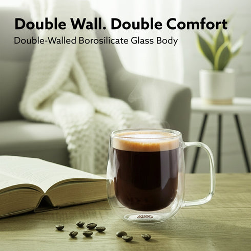 Elite Double Wall Glass Cups, 260 Ml, Insulated Tea & Coffee Cups, Hot & Cold Drinks, Coffee, Tea, Milk, Cappuccino, Juice, Microwave Safe, Stylish Espresso Chocolate Beverage, Pack of 2