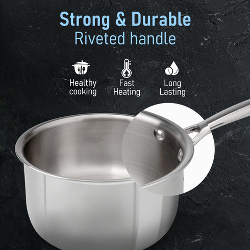 Regency Triply Steel Saucepan With Lid 14 cm, Triple Layered Stainless Steel Body, 1.25L Capacity, 2.5mm Thick Body, Sturdy Handle, Induction & Gas Compatible, Tea, Chai Pan