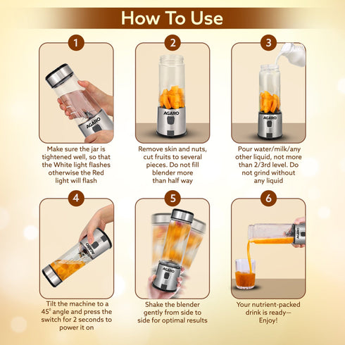 Galaxy Portable Blender, For Smoothie And Juices, Portable Hand Blender For Kitchen, USB Rechargeable Fruit Juicer Machine, 6 Sharp SS Blade, 450ml BPA Free Food Grade Jar