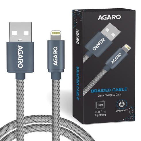 USB A to Lightning Braided Sync & Charge Cable For iPhone, iPad and iPod, Fast Charging Lightning Cable, 3.2 Feet (1M), Grey