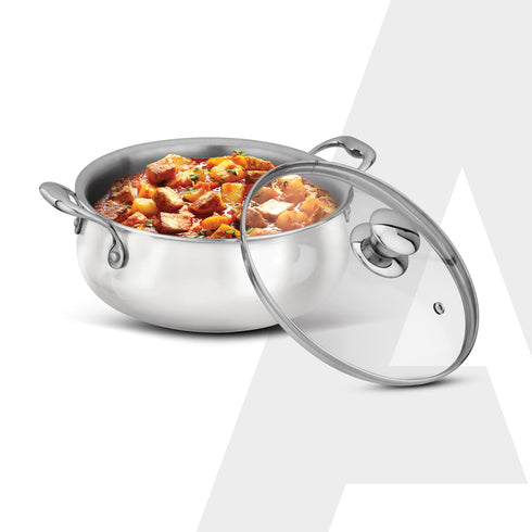 Regency 3.5 L Triply Stainless Steel Handi with Glass Lid, Tri-Ply Induction & Gas Compatible, Even Heat Distribution, Non-Toxic Steel Cookware, Biryani Pot for Rice, Curry & Daily Cooking