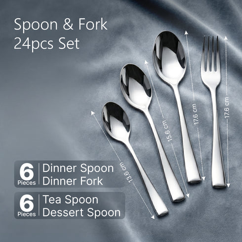 Elite 24 Pieces Stainless Steel Cutlery Set for Dining Table, Silver Mirror Finish Spoon & Fork Set, 6 Tea Spoons, 6 Dinner Spoons, 6 Dinner Forks & 6 Dessert Spoons, Food Grade, Dishwasher Safe
