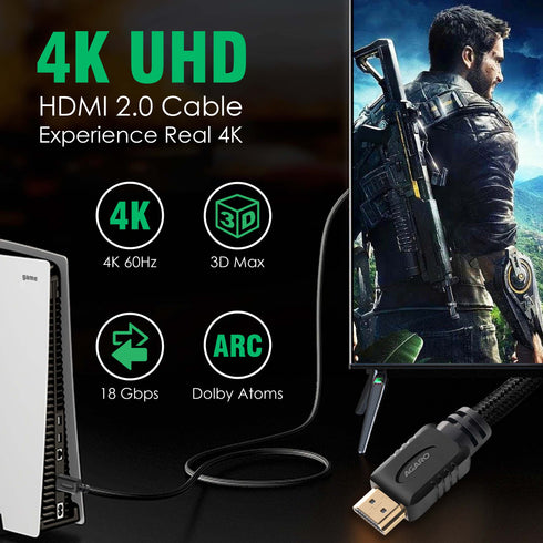HDMI to HDMI Cable 10 Meters, HDMI 2.0, Premium High Speed, 18Gbps 4K@60Hz Support HDR, 3D, ARC, HDCP 2.2, Cotton Braided HDMI Cord for PS5/PS4/Xbox/Apple TV/Projector