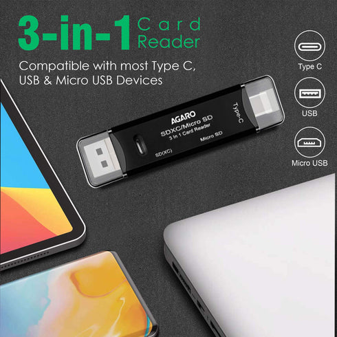 SD Card Reader, Micro SD/TF Compact Flash Card Reader, Portable Memory Card Reader with 3-in-1 USB Type C/Micro USB Male Adapter, Suitable for & PC, Laptop, Smart Phone and Tablet