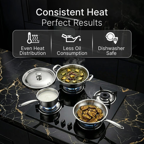 Regency Triply Cookware Set of 3, 24 cm Kadai (2.7L), 24 cm Fry Pan (2.2L) & 16 cm Saucepan (1.5L)