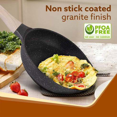 Imperial Granite Non Stick Cookware Set , 3pcs Cookware Set, 24cm Frying Pan with Glass Lid, 28cm Dosa Tawa, 28cm Kadhai with Glass Lid, Cast Aluminium Body, Gas & Induction Compatible, Dark Grey