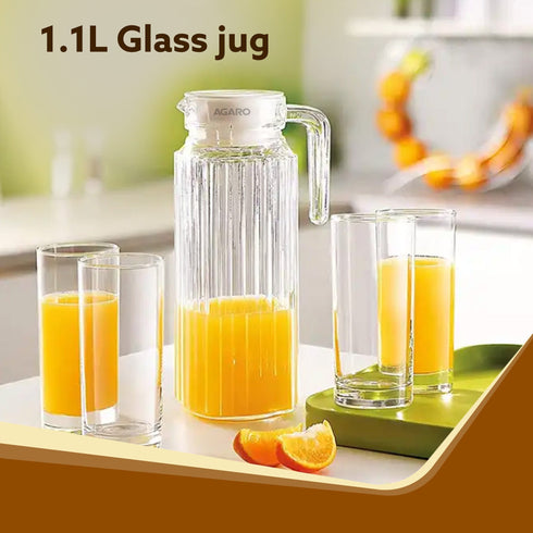 Elegant Glass Jug with Lid, 1.1L, Multipurpose Jug, Easy Pour Spout & Strong Handle, Transparent Beverage Carafe for Home, Office, Pitcher for Serve Water, Milk, Juice, Beverage, Lassi, Cocktail