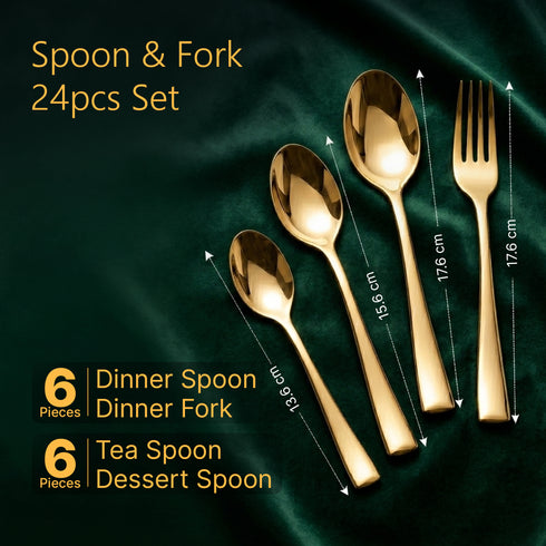 Regal 24 Pieces Gold Stainless Steel Cutlery Set for Dining Table, Premium Mirror Finish, 6 Tea Spoons, 6 Dinner Spoons, 6 Dinner Forks & 6 Dessert Spoons, Food Grade, Rust Resistant