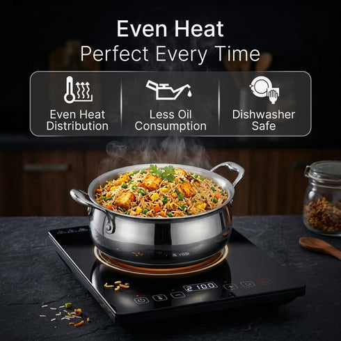 Regency 3.5 L Triply Stainless Steel Handi with Glass Lid, Tri-Ply Induction & Gas Compatible, Even Heat Distribution, Non-Toxic Steel Cookware, Biryani Pot for Rice, Curry & Daily Cooking