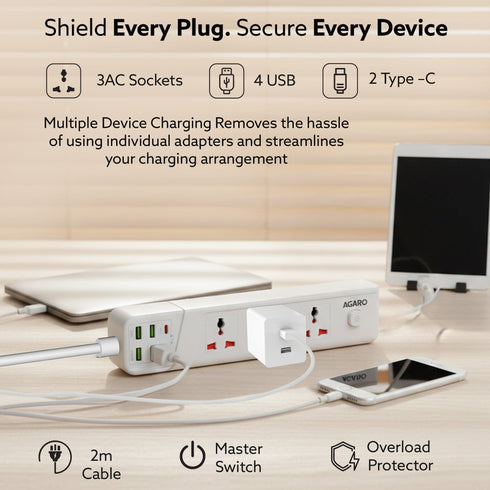 Regal Extension Board 3 Universal Sockets, 4 USB + 2 Type-C Fast Charging, 2500W