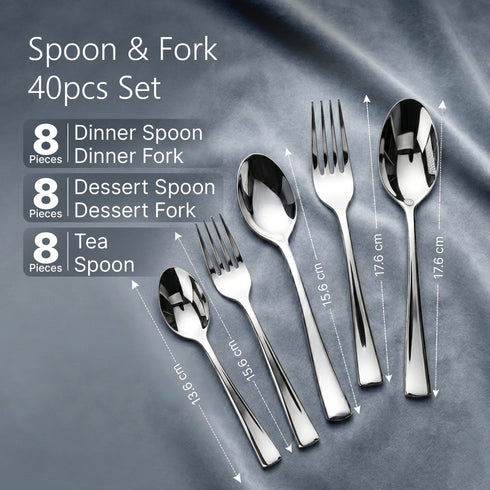 Elite 40-Piece Gold Stainless Steel Cutlery Set, Mirror Finish, Food Grade & Rust Resistant, Includes 8 Tea Spoons, 8 Dessert Spoons, 8 Dessert Forks, 8 Dinner Spoons & 8 Dinner Forks