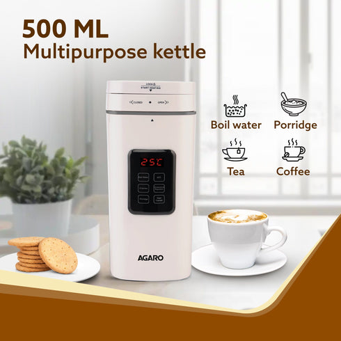 Delite Portable Electric Kettle, 500 Ml, Fast Boiling, Adjustable Temperature, Keep Warm, Porridge, Double Layered Body, Travel Electric Kettle, Hot Water, White