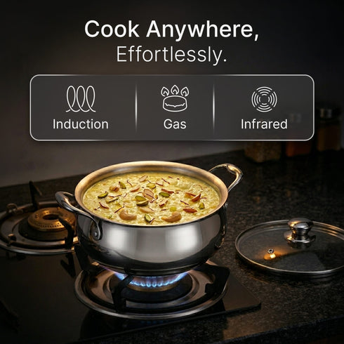 Regency 3.5 L Triply Stainless Steel Handi with Glass Lid, Tri-Ply Induction & Gas Compatible, Even Heat Distribution, Non-Toxic Steel Cookware, Biryani Pot for Rice, Curry & Daily Cooking