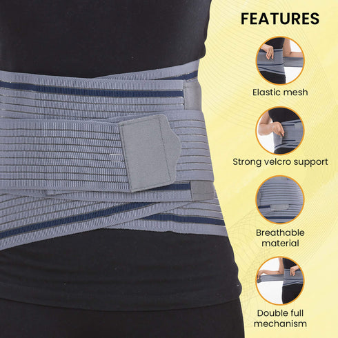 Lumbo Sacral Belt With Double Strapping, Back Support For the Lumbar Spine, Pain Relief, Back Brace for Men and Women, Large, Grey