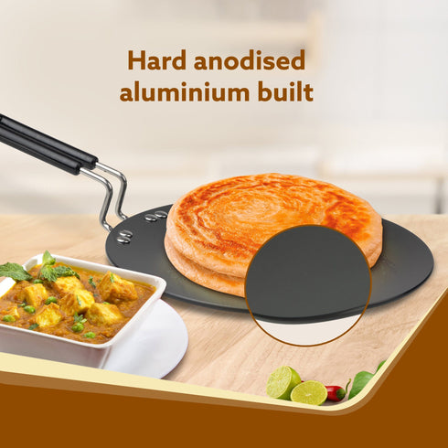 Elite Hard Anodised Tawa, 25 cm Diameter, Riveted handle, 3 mm thick plate, Gas & Induction Oven Compatible, Cooking, Cookware, Black