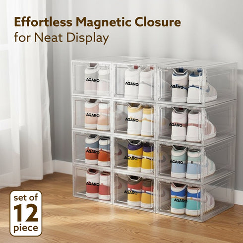 Stackable Shoe Storage Box Organizer | Heavy Duty, Transparent, Plastic Sneaker Crates Container with Magnetic Door |Space Saving|Organizer for Men & Women| Fits up to Size UK 12