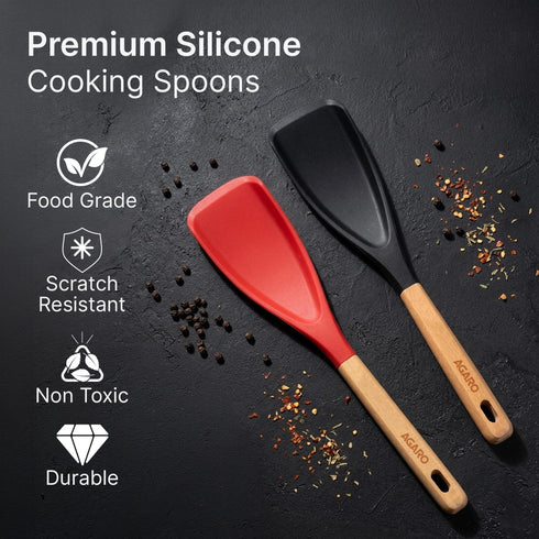Royal Silicone Spatula Set of 2 with Wooden Handle, Heat Resistant Food Grade Silicone Kitchen Spatulas for Cooking, Baking & Mixing, Flexible Non-Stick Cookware BPA Free Utensils, Black & Red