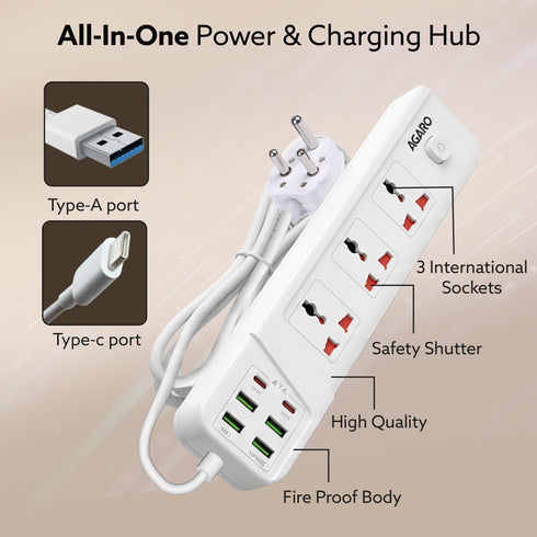 Regal Extension Board 3 Universal Sockets, 4 USB + 2 Type-C Fast Charging, 2500W