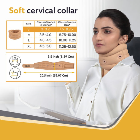 AGARO Cervical Collar Spondylitis Neck Support, Adjustable Neck Brace With Extra Support, Relieves Pain, Stress & Pressure in Spine, Small, Beige