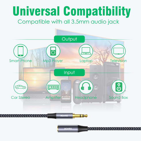 3.5mm Aux Male to Female Extension Cable, Audio Cable with Microphone Gold Plated Jack Nylon Braided for Car, Media Player & More 1.8 Meter (5.9 Ft), Silver & Black