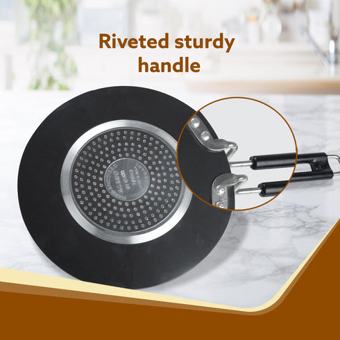 Elite Hard Anodised Tawa, 25 cm Diameter, Riveted handle, 3 mm thick plate, Gas & Induction Oven Compatible, Cooking, Cookware, Black