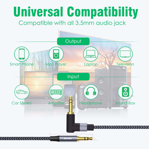 3.5mm Audio Cable Stereo Aux 90 Degree Right Angle Aux Cable 24K Gold Plated Male to Male Hi-Fi Sound for Car, Home Stereos, Speakers & More 1M/ 100CM/ 3.2 Ft, Silver & Black