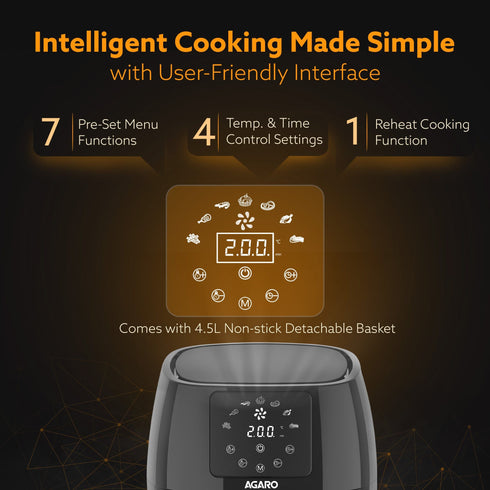 Sapphire Digital Air Fryer For Home, 4.5L, Electric Air Fryer Oven, 1400W, 7 Preset Programs, 360?ø Air Circulation, Convection Oven, Digital touch Display, Fry, Bake, Roast, Toast, Black