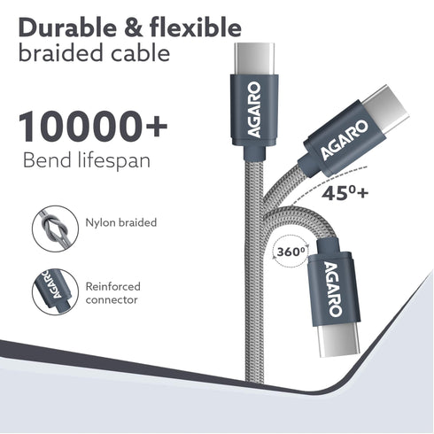 USB Type C To Type C Braided Sync & Fast Charging Cable, Compatible With Mobile, Laptop & Tablets, 3.2 Feet (1M), Supports PD Charging
