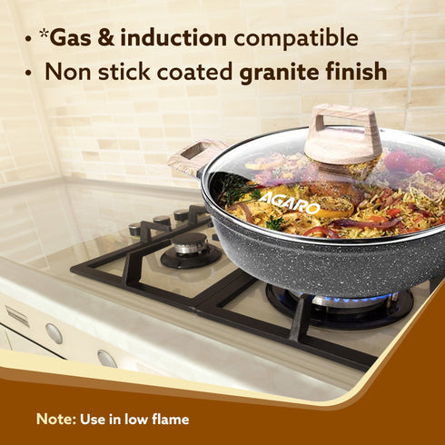 Imperial Granite Non Stick Cookware Set , 3pcs Cookware Set, 24cm Frying Pan with Glass Lid, 28cm Dosa Tawa, 28cm Kadhai with Glass Lid, Cast Aluminium Body, Gas & Induction Compatible, Dark Grey
