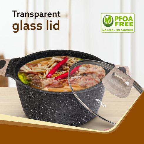 Imperial Granite Non Stick Casserole with Glass Lid, 4L/24cm, Cast Aluminium Body, Stew Pot, Biriyani Pot, Sauce Pot, Gas & Induction Compatible, Dark Grey