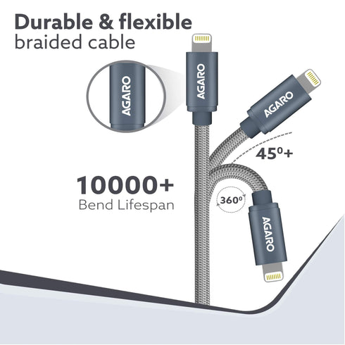 USB A to Lightning Braided Sync & Charge Cable For iPhone, iPad and iPod, Fast Charging Lightning Cable, 3.2 Feet (1M), Grey