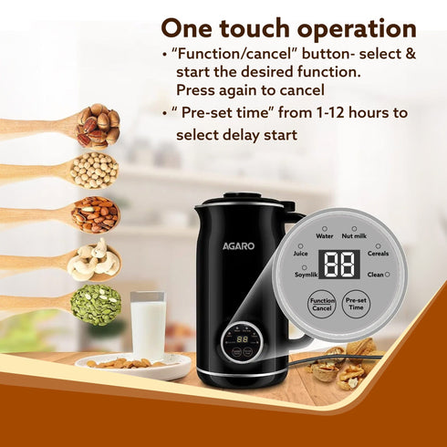 Regency Automatic Nut Milk Maker, Vegan Milk Machine, Make Vegan Milk From Nuts, Almonds, Soya, Oats etc, Boil Water, Juice, Cereals, Stainless Steel Body, 600ml, Black