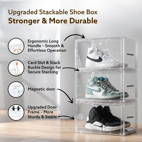 Stackable Shoe Storage Box Organizer | Heavy Duty, Transparent, Plastic Sneaker Crates Container with Magnetic Door |Space Saving|Organizer for Men & Women| Fits up to Size UK 12
