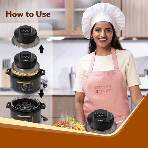 Imperial Pot Lid Air Fryer, 7-in-1 Electric Air Fry, Crisp, Broil, Bake In 5L, 6L and 8L Pressure Cooker/ Metal Pots/ Rice Cooker, 7 Preset Menu, 1000W, Home & Kitchen