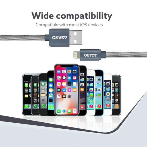 USB A to Lightning Braided Sync & Charge Cable For iPhone, iPad and iPod, Fast Charging Lightning Cable, 3.2 Feet (1M), Grey