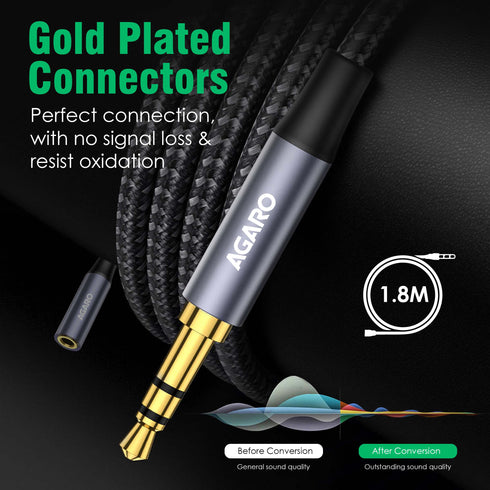 3.5mm Aux Male to Female Extension Cable, Audio Cable with Microphone Gold Plated Jack Nylon Braided for Car, Media Player & More 1.8 Meter (5.9 Ft), Silver & Black